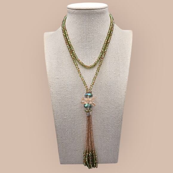 Champagne Beaded with Borealis Accents Long 3Necklace with Tassel - Picture 1 of 6